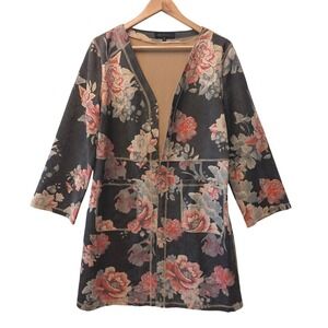 Monarc Anthropologie Floral Duster Cardigan Grey Coral Rose Open Front Pockets M